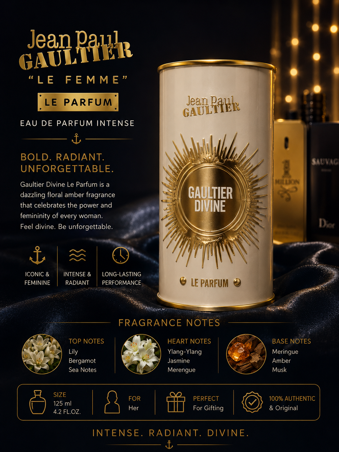 Jean Paul Gaultier Divine Le Parfum Eau de Parfum Intense for Women – 4.2 oz / 125 ml